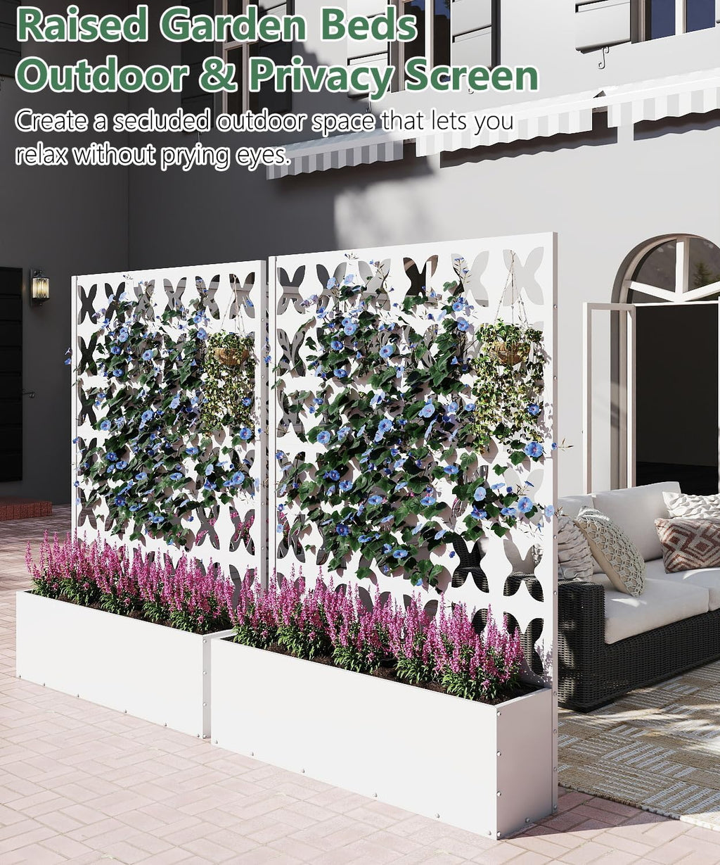 Metal Planter Box with Trellis,70.9"x47.2"x15.7" Raised Garden Bed with Drainage Holes, Privacy Planters for Outdoor Garden Bed for Climbing Plants,Vegetables,and Vines, White-X