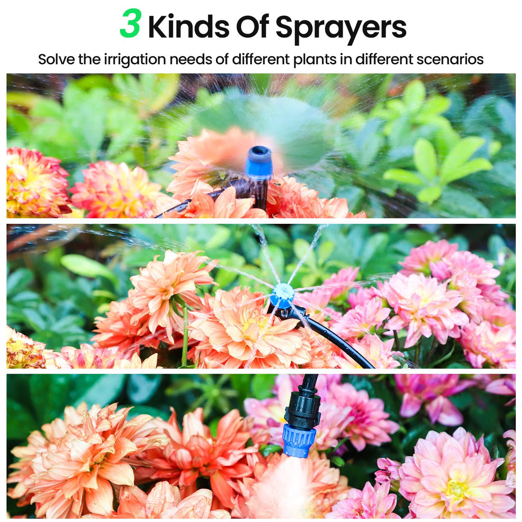 MIXC 230FT Quick-Connect Drip Irrigation System Kit, Automatic Garden Watering System with 1/4" & 1/2" Fast-Lock Tubing - Adjustable Nozzles & Sprinklers for Garden, Greenhouse, Lawn, Potted Plants