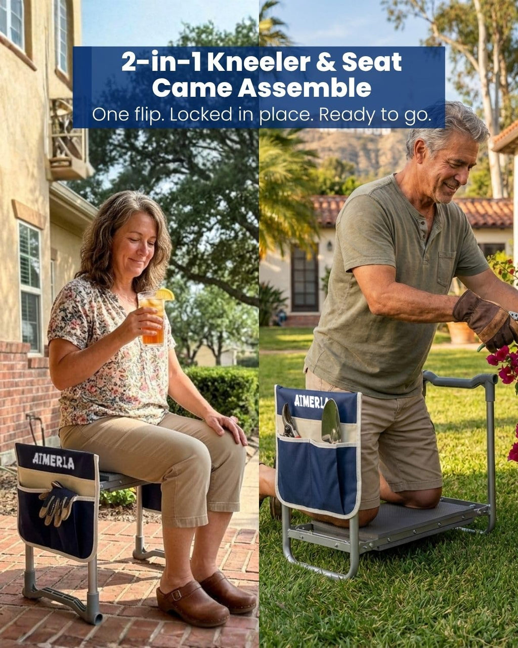 Aimerla Foldable Garden Kneeler Seat Heavy Duty [Upgraded Widened Thick Kneeling Pad] Garden Stool with Large Garden Tool Bags with Pockets - Portable Garden Bench Gardening Gifts for Parents