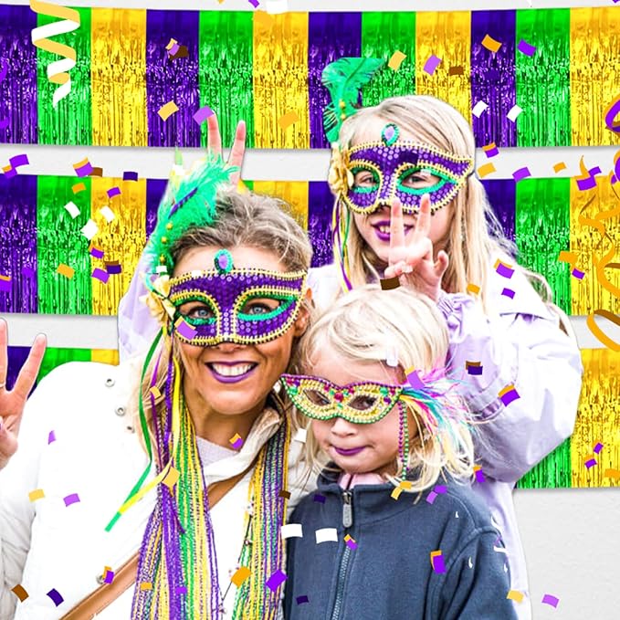 3 Pack 10 Long Gold Green Purple Metallic Foil Fringe Garland Wall Hanging Tassle Banner, Mother's Day, Easter, Parade Floats, Birthday, Theme Party, Wedding Party Decorations