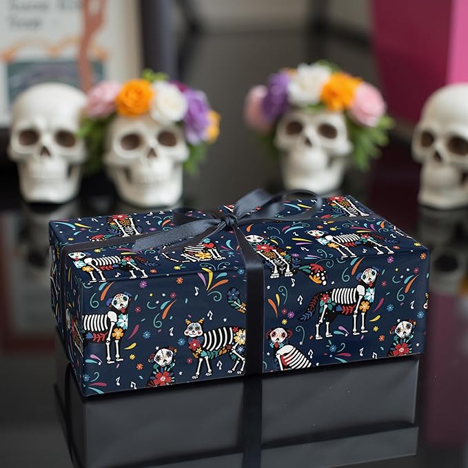 LeZakaa Day of the Dead Wrapping Paper Roll, Colorful Skeleton Dogs Cats with Flowers Music Notes Design in Navy Blue, Día de Muertos Gift Wrap for Friends, Family, Kids, Mini Roll 17 in x 16.4 Ft