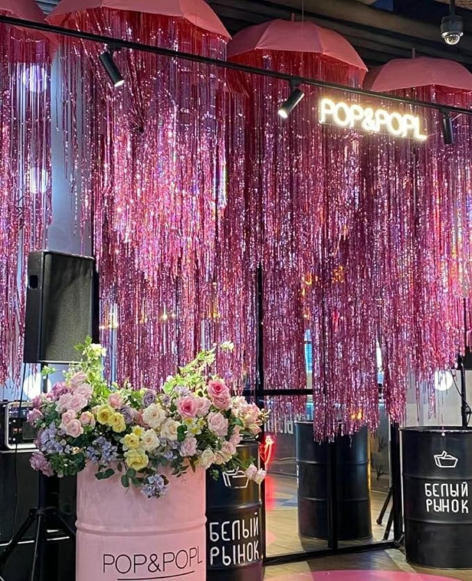 GOER 3.2 ft x 8.2 ft Metallic Tinsel Foil Fringe Curtains Party Photo Backdrop Party Streamers for Birthday,Graduation,New Year Eve Decorations Wedding Decor(4 Packs,Laser Pink)