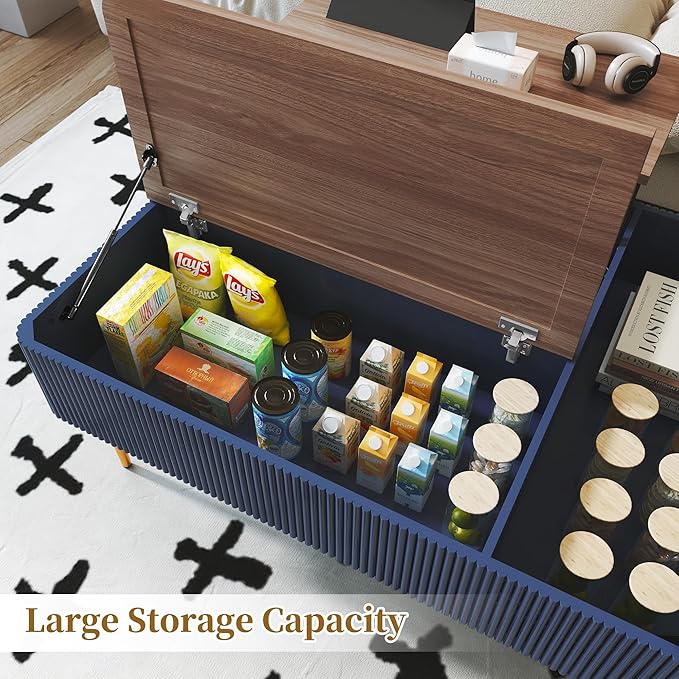 HLR 47" Dual Lift Top Coffee Table with Storage, Modern Wood Fluted Coffee Table with Hidden Compartment for Living Room, Office, Blue