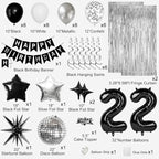 22nd Birthday Decorations for Men Women, Black Silver Happy Birthday Party Decorations， 22 Year Old Party Supplies with Number 22 Balloons, Banner, Fringe Curtains Kit