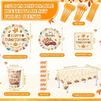 452 Pcs Happy Thanksgiving Party Decorations for 50, Pumpkin Leaves Turkey Give Thanks Paper Plates Napkins Cups Tablecloth Cutlery Straws for Fall Harvest Thanksgiving Theme Party Supplies