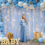 10ft x 7ft Baby Blue Chiffon Backdrop Curtain with Lights String for Parites Wedding Light Blue Curtain Photo Backdrop Drapes for Baby Shower Birthday Party Home Decorations