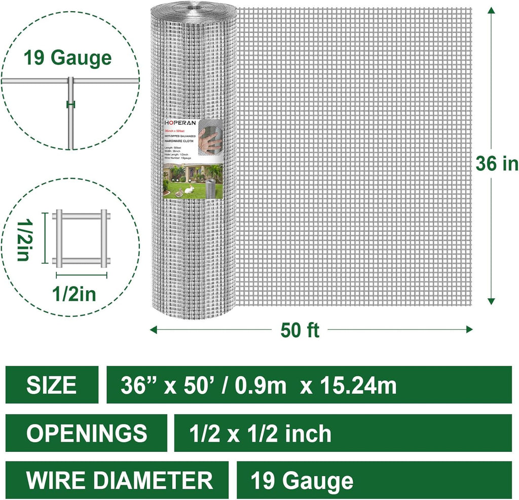HOPERAN Hardware Cloth 1/2 Inch 36 x 50 ft - 19 Gauge Chicken Wire Fencing, Galvanized Wire Mesh Roll, Welded Wire Fence, Chicken Coop Wire Fence Gopher Wire Rabbit Wire Poultry Netting Cage