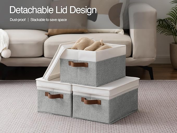 StorageWorks Large Storage Bins with Lids, Decorative Storage Boxes with Lid and PU Handles, Foldable Storage Baskets for Closet, Shelves, Stackable, Grey and White, 3-Pack