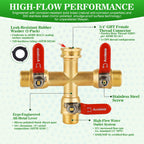 Hose Splitter 3 Way Heavy Duty Brass Garden Hose Splitter with 304 Stainless Steel Long Handle Outdoor Full Flow Hose Splitter Connector, 3/4" GHT Thread