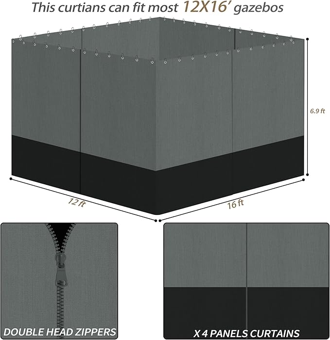 Gazebo Privacy Curtains 12' x 16' with Zipper 4-Panels Side Wall Universal Replacement for Patio, Outdoor Canopy, Garden and Backyard Gray and Black (Curtain Only)