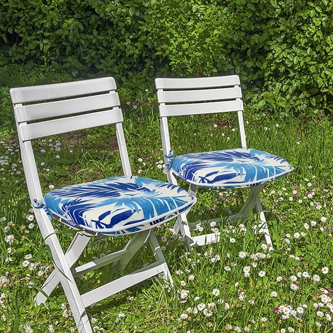 SleepMan Outdoor 17"x16" Chair Cushions with Ties Set of 2, Water Resistant All Weather U-Shape Seat Pads for Patio Garden Furniture Indoor Fade Resistant Patio Cushions (Blue Bamboo)