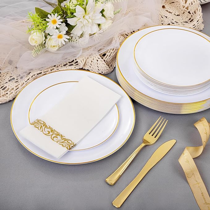 Supernal 350pcs White and Gold Plastic Plates,Gold Plastic Dinnerware for 50 Guests Include 100 White Disposable Plate, 150 Gold Silverware Set, 50 Disposable Cups, 50 Napkins