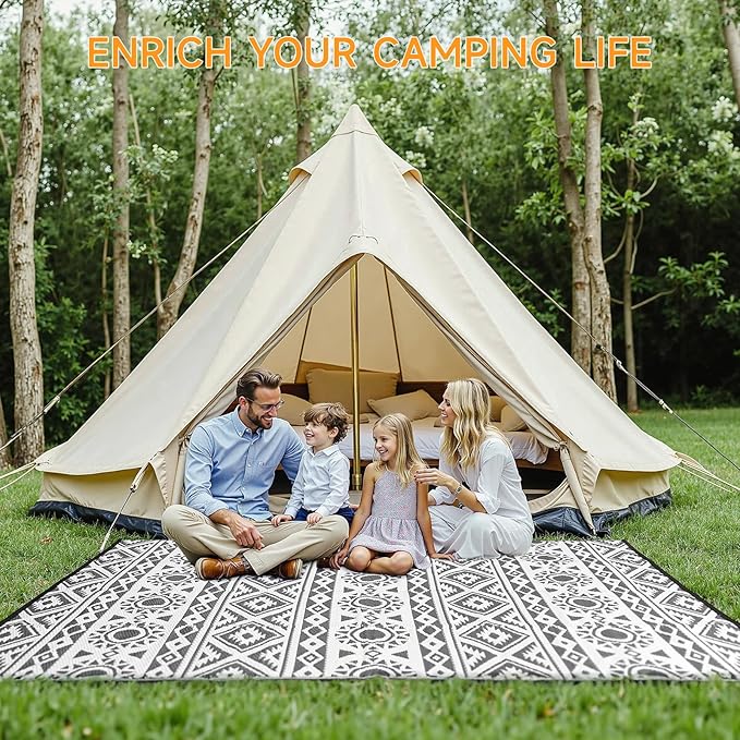 Outdoor Rug Waterproof 8x10 ft, Reversible Outdoor Plastic Straw Rug Patio Rug, RV Rugs for Outside, Outdoor Carpet for Patio Camping Deck Balcony Backyard, Black & Gray