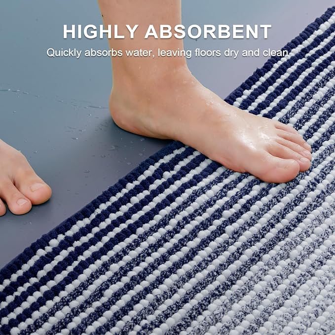 BSICPRO Bathroom Rugs and Mats Sets, 2 Piece Thick Absorbent Chenille Bath Mat Rug Set Non Slip, Soft Shaggy Bath Room Floor Mats for Bathroom, Machine Washable (Navy, 24" x 70" Plus 20" x 32")