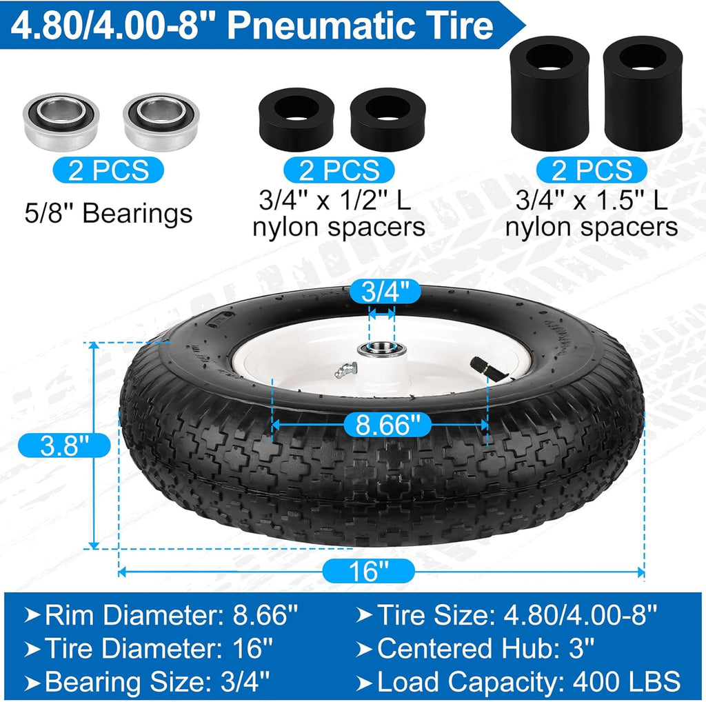 4.80/4.00-8" Wheelbarrow Tubed Tire and Wheel, 16" Universal Fit Pneumatic Tire with 3/4" or 5/8" Bearing, 3"-7" Hub, Adapter Kit Hand Truck Wheel Replacement for Garden Trailer, Wagons, 1 PCS