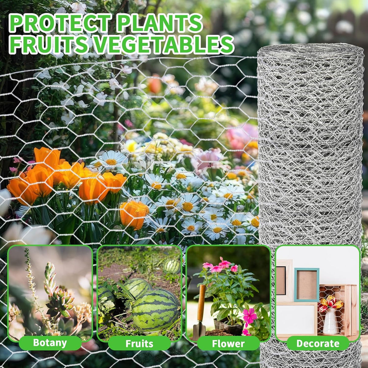 16in x 50ft Craft Chicken Wire Mesh, Hexagonal Galvanized Wire Mesh for Poultry, Floral Wire Netting for Protecting Garden Plants, Vegetables, Flowers and Fruits from Dogs, Rabbits and Squirrels