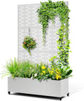 Metal Raised Garden Bed with Trellis, 2-in-1 Planter Box & Privacy Screen for Climbing Plants, Outdoor Standing Flower Bed with Drainage Holes, 47.2" L x 16.7" W x 70.8" H, White-Brick