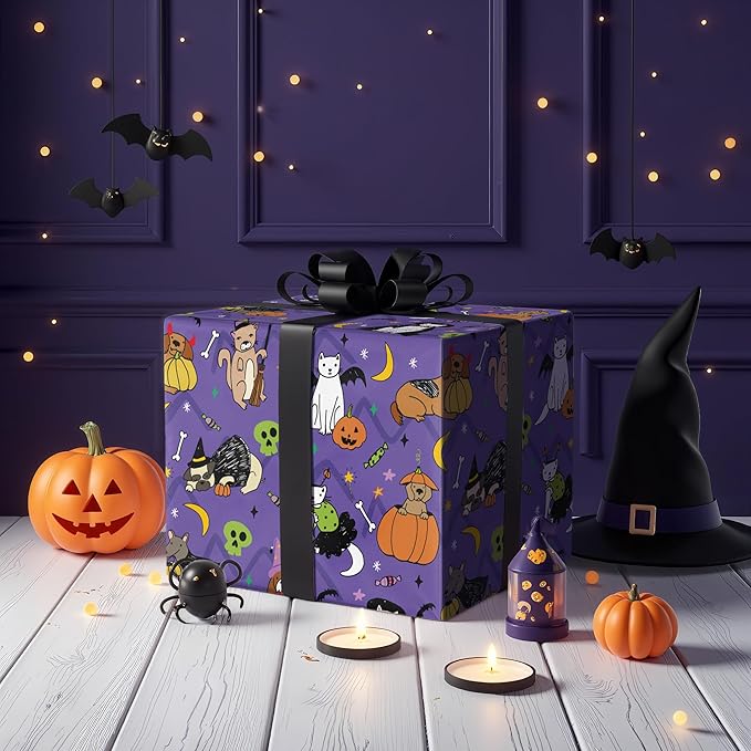 LeZakaa Halloween Purple Animal Wrapping Paper Roll, Cat Dog in Halloween Costumes, Pumpkins Bats Skulls Cheer, for Pet Lovers, Kids, Trick-or-Treat Party Decor, Mini Roll 17 in x 16.4 Ft