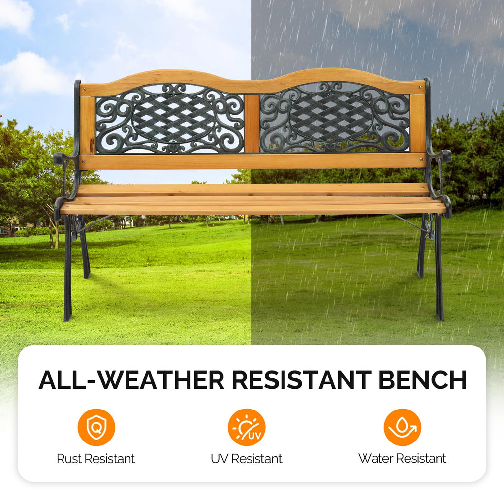 VINGLI Classic Cast Iron & Teak Arched Back Rectangular Outdoor Bench, 3-Seater, 470 lbs Capacity, Easy Assembly, Weather Resistant, 49.5" W x 20.5" D x 29" H