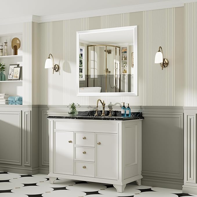 40x38 Inch White Bathroom Mirror for Wall, Thick Metal Framed Rectangle Mirrors for Over Sink, Bedroom, Living Room, Entryway, Anti-Rust, HD Tempered Glass