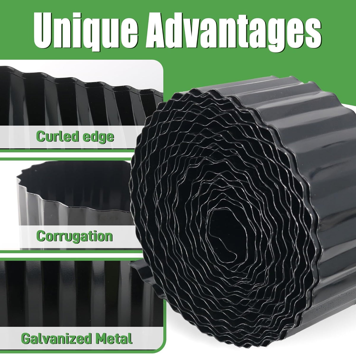 Metal Corrugated Garden Edging, Landscape Edging for DIY Flower Beds, Flexible Bender Border for Lawn, Garden and Yard, Galvanized Garden Edging (Black, 6 Inch x 50FT)