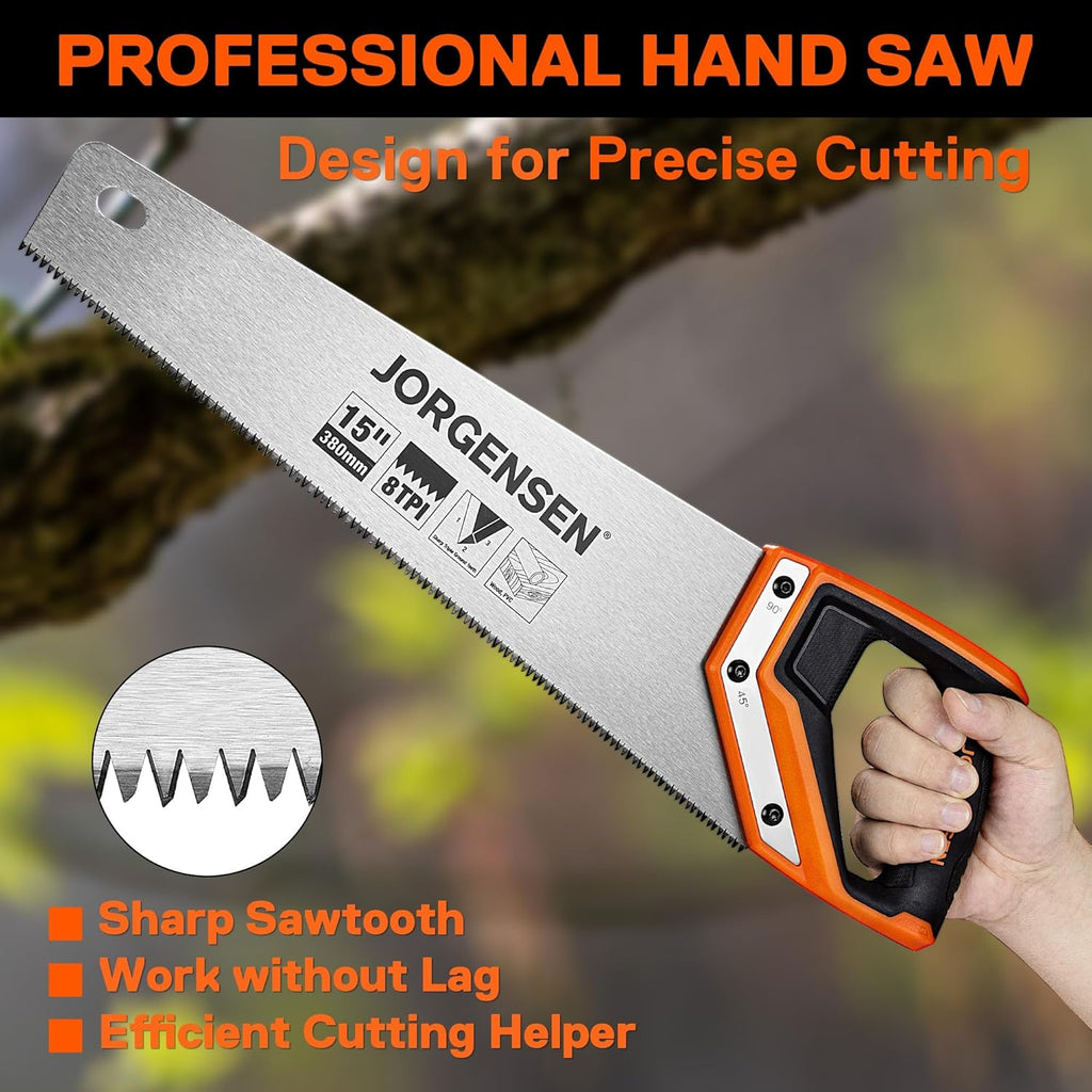 JORGENSEN 15 Inch Pro Hand Saw, 8 TPI Fine-Cut Ergonomic Non-Slip Aluminum Ultrasonic Welding Handle for Sawing, Trimming, Gardening, Woodworking, Drywall, Plastic Pipes
