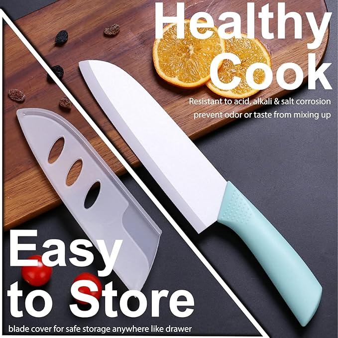 Ceramic Knife - 7 inch Chef's Santoku Knife - Sharp Ceramic Kitchen Knife with Sheath Cover