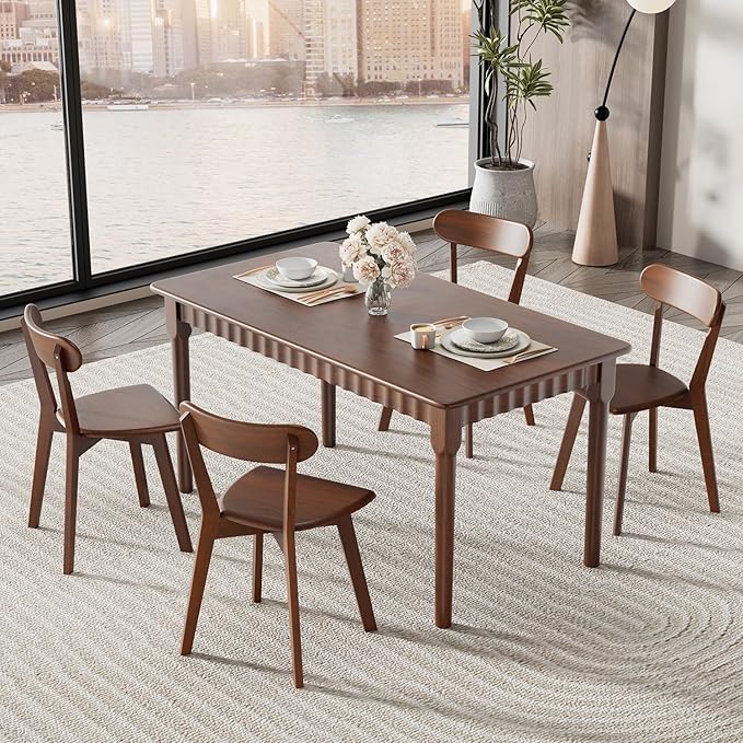 59 Inch Solid Wood Dining Table for 4-6, Farmhouse Kitchen Table with Large Tabletop, Mid Century Modern Table for Dining Room, Living Room, Kitchen, Easy Assembly, Walnut