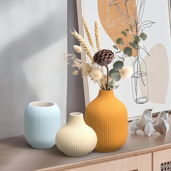 Colorful Ceramic Vases Set of 3, Modern Minimalist Ribbed Vases for Centerpiece, Home Office Shelf Decor, Farmhouse Kitchen Bathroom Bedroom Living Room Decor