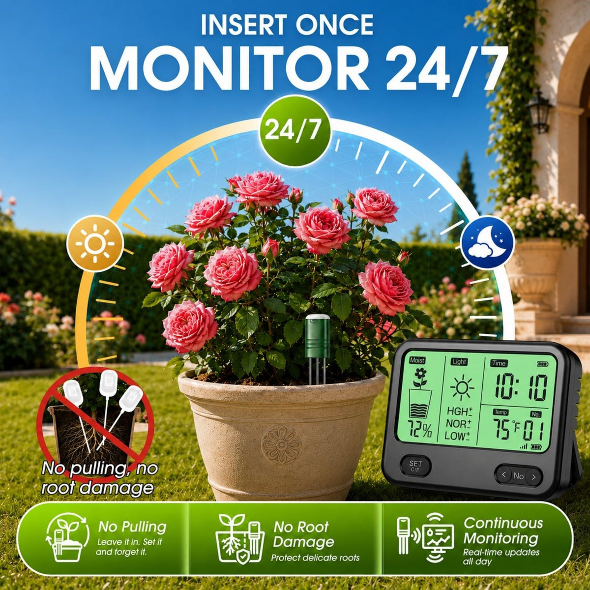 4-in-1 Soil Moisture Meter for Plants ,Soil Temperature /Moisture /Sunlight Time, Large Screen, Garden Soil Tester for Lawn, Farm, Houseplants，Wireless Indoor/Outdoor Plant Water Meter (Dark Black)