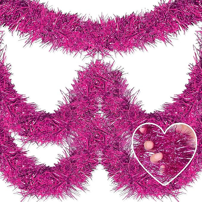 25 Feet Metallic Twist Tinsel Garland Backdrop for Parade Floats, Christmas Eve, New Year, Valentine's Day Party Decorations (Fuchsia, 4in x 25ft)