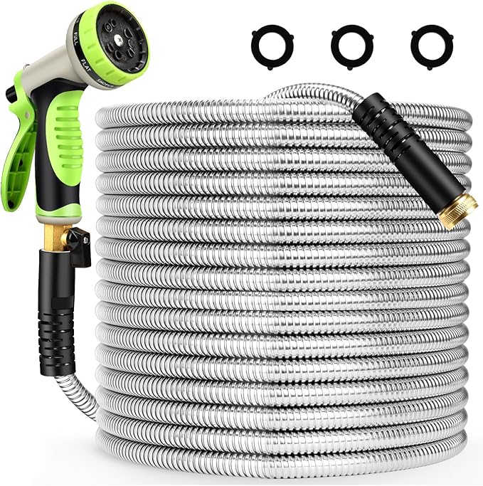 Metal Garden Hose 50 ft Stainless Steel Heavy Duty Water Hose with 10 Function Nozzles Flexible Lightweight Kink-Free Leakproof Sturdy Hoses Pipe 3/4" Brass Fitting for Outdoor Yard Lawn RV