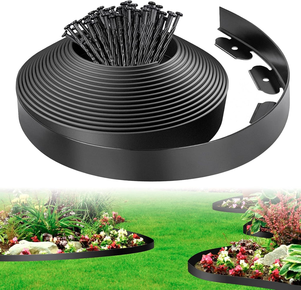 4 in Tall Landscape Edging, 100FT Plastic Garden Border Edging with 120 Anchoring Spikes, Landscape Edging Kit for Garden, Flower Beds and Lawn (Black, 4In x 100FT)