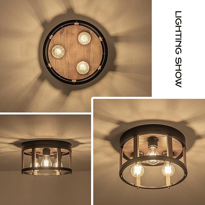 MAYNA 3-Light Retro Farmhouse Flush Mount Round Vintage Metal and Wood Ceiling Light Fixtures, Rustic Ceiling Lamp for Kitchen, Hallway, Entryway, Bedroom, Dining Room