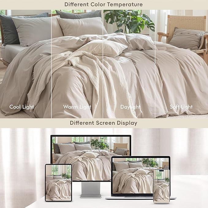 MooMee Bedding Duvet Cover Set 100% Washed Cotton Linen Like Textured Breathable Durable Soft Comfy (Solid Light Tan, Super Queen 90"x98")