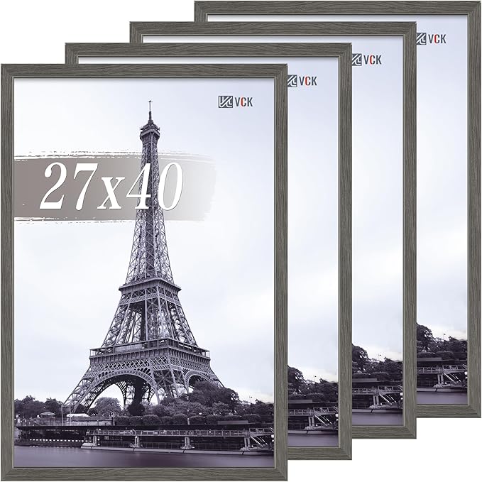 VCK 27x40 Picture Frame Set of 4 - Grey, Gallery-Quality Wood Poster Frames, 1.1-Inch Wide Border, Polished Plexiglass, Vertical or Horizontal Wall Display for Photo/Art/Prints, Grey