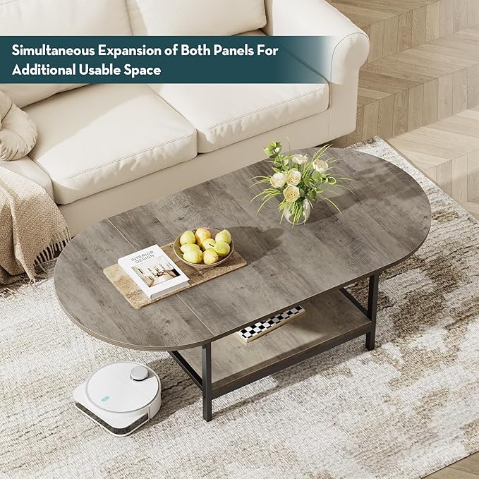 SAYGOER Folding Coffee Tables for Living Room 2-Tier Extended Coffee Table with Storage Vintage Farmhouse Center Table for Large or Small Spaces, Foldable, Gray Wash