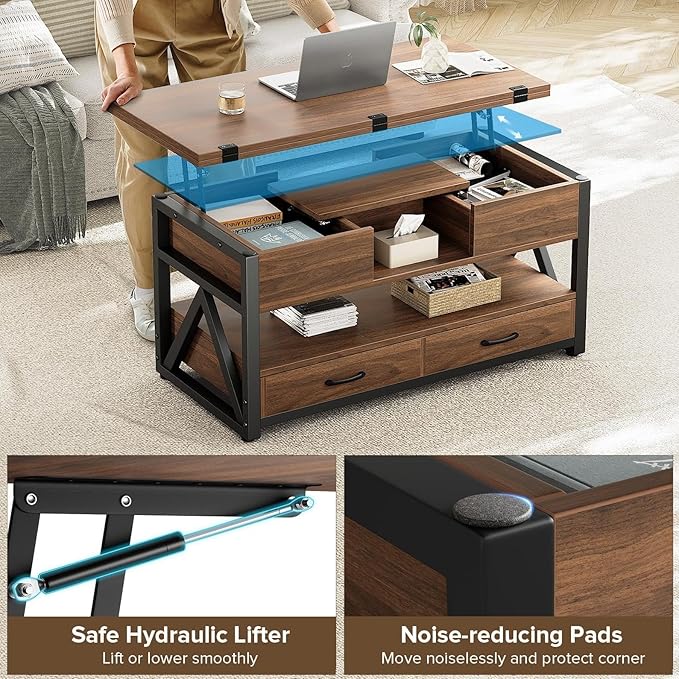 40" Lift Top Coffee Table,4 in 1 Multi-Function Lift Coffee Tables with Storage Drawers and Hidden Compartmen,Farmhouse Coffee Table with Lifting top for Living Room, Walnut