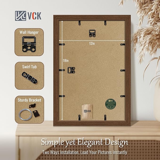VCK 12x18 Poster Frame Set of 4 - Brown, Gallery-Quality Wood Picture Frames, 1.1-Inch Wide Border, Polished Plexiglass, Vertical or Horizontal Wall Display for Photo/Art/Prints, Brown