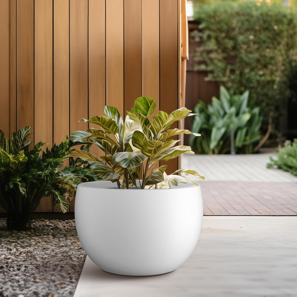 Kante 15.7" Dia Round Concrete Planter, Outdoor/Indoor Large Bowl Plant Pots with Drainage Hole and Rubber Plug for Garden Patio Balcony Home, Pure White