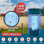 Flowtron Electric Bug Zapper 2 Acres Outdoor Insect Control with Dual Lure Method, 120W UV Light & Octenol Attractant for Fly & Mosquito, 5600V Kill Grid, Made in USA
