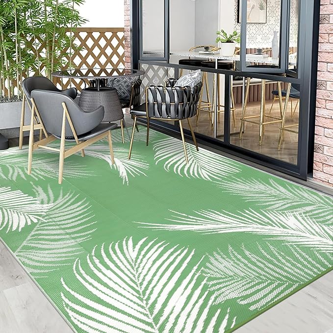 Pauwer Waterproof Outdoor Rug 9x12, Reversible Plastic Straw Patio Camping Rug, Indoor Outdoor RV Mat Carpet for Deck, Camper, Porch, Balcony, Backyard, Picnic, Leaf Green