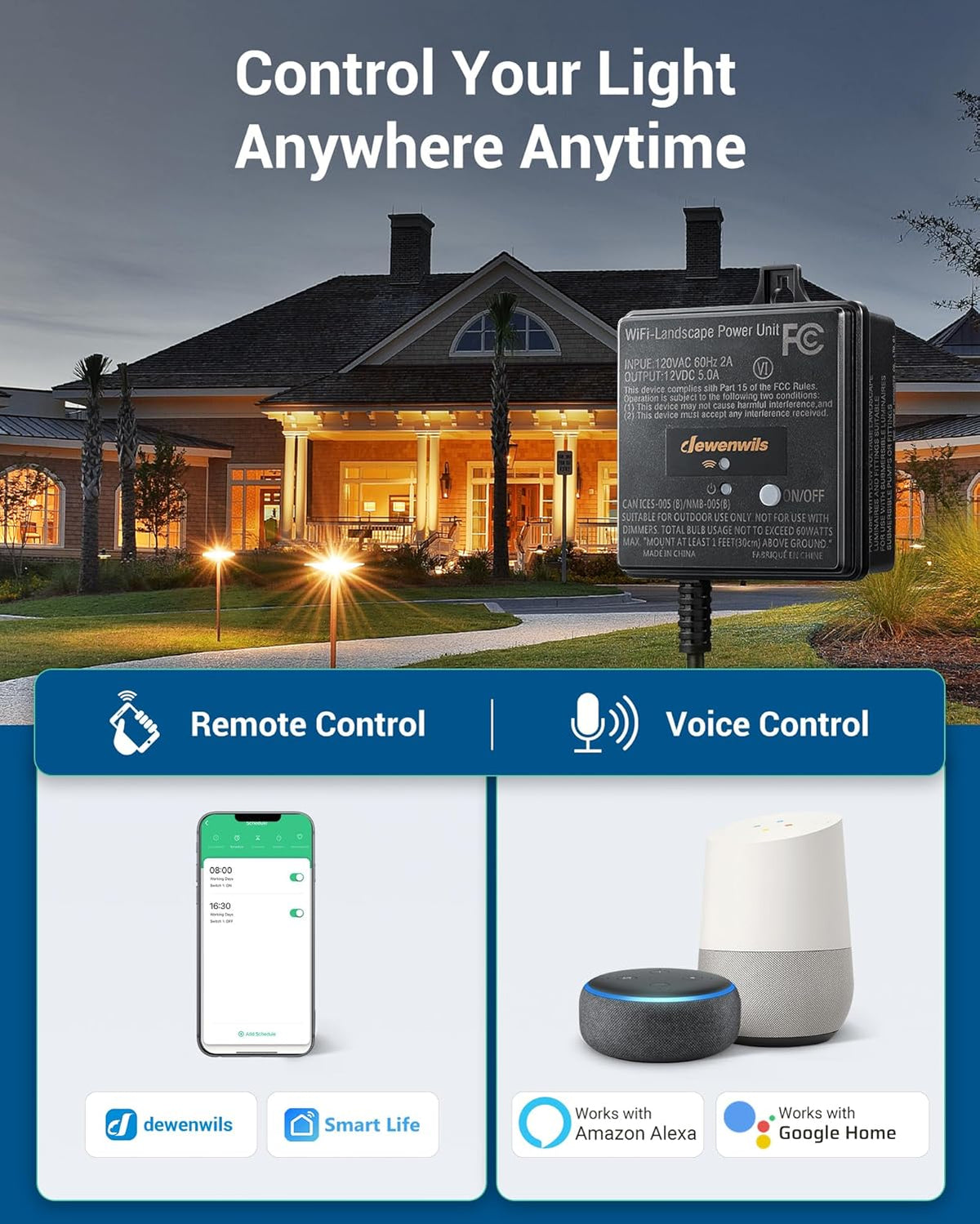 DEWENWILS 60W WiFi Low Voltage Transformer, 120V AC to 12V DC, Smart Outdoor Low Voltage Landscape Transformer with Timer, Work with Alexa & Google Home, Weatherproof for Landscape Lights, FCC Listed