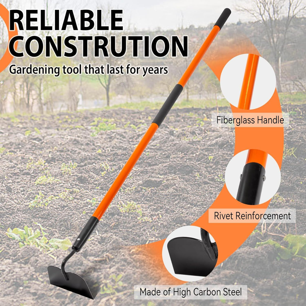 Garden Hoe Tool, 58 Inches Hoe Garden Tool with Fiberglass Long Handle, Heavy Duty Garden Hoe for Weeding