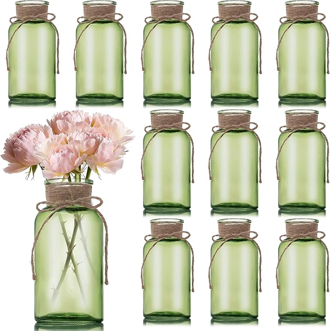 Green Glass Flower Vases for Centerpieces Set of 12, Mason Jars Boho Cylinder Bud Vases in Bulk, for Weddings Parties Vintage Home Decor