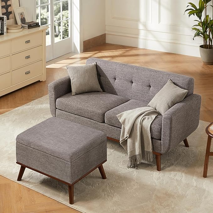 Kingfun 65" W Loveseat Sofa with Ottoman Coffee Table, Mid Century Modern Decor Love Seat Couches and Ottoman with Storage for Living Room, Button Tufted Upholstered Love Seats Furniture Set, Grey