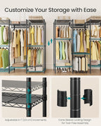 SONGMICS Heavy-Duty Clothes Rack, Garment Rack, Portable Closet, 56.9-Inch Wide Clothing Rack, with Adjustable Mesh Shelves and Hanging Rails, Ink Black ULGR432B01