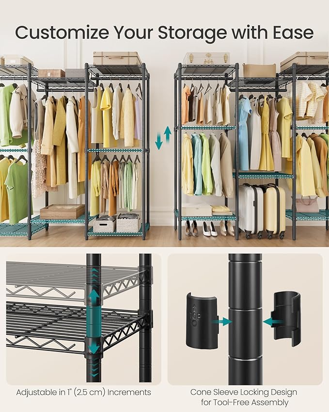SONGMICS Heavy-Duty Clothes Rack, Garment Rack, Portable Closet, 56.9-Inch Wide Clothing Rack, with Adjustable Mesh Shelves and Hanging Rails, Ink Black ULGR432B01
