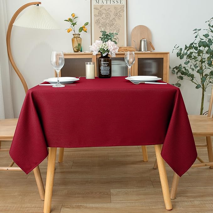 Biscaynebay Textured Fabric Christmas Square Table Cloth 70x70 Inch, Red Water Resistant Spill Proof Tablecloths for Dining, Kitchen, Wedding and Parties, Machine Washable