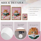 Framed Vintage Cat Canvas Wall Art, Funny Pink Animal Reading Books Painting Picture Print, Cute Kitten Lovers Aesthetic Wall Decor for Nursery Girls Room Bedroom Kids Room 10''L x 8''W